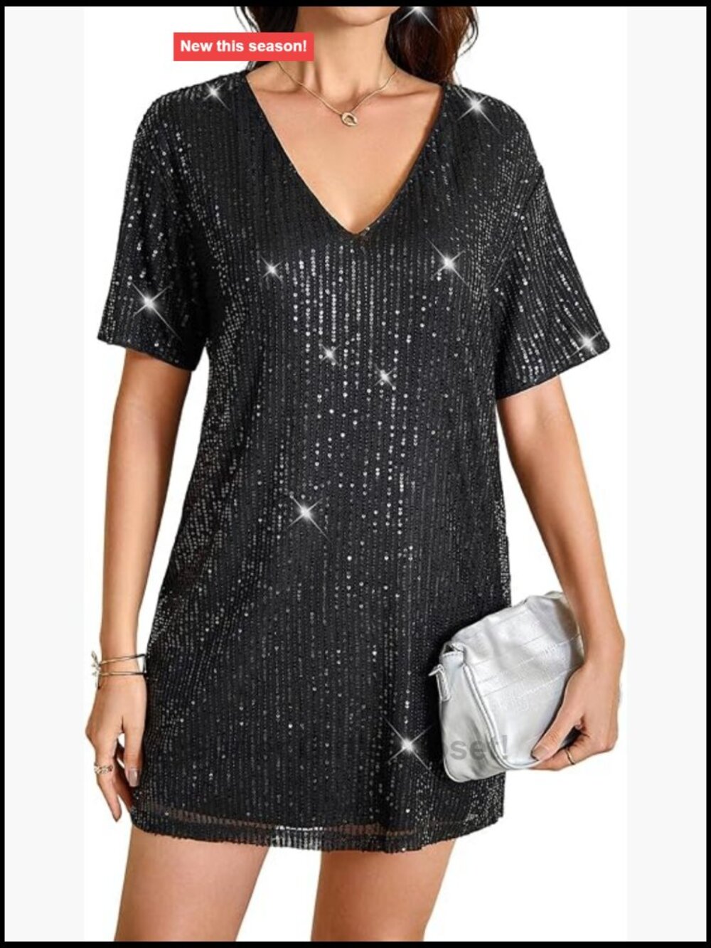 Sequin Sparkly Short Sleeve Tunic Dress Loose Glitter Cocktail Party Mini Dress